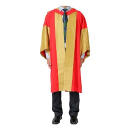 Designed red color-blocked gold graduation gown Customized red hooded graduation gown Black fluffy gold rope graduation cap Doctor of Business Administration (DBA) University of Hong Kong Graduation gown manufacturer DA520 Designed red color-blocked gold graduation gown Customized red hooded graduation gown Black fluffy gold rope graduation cap Doctor of Business Administration (DBA) University of Hong Kong Graduation gown manufacturer DA520